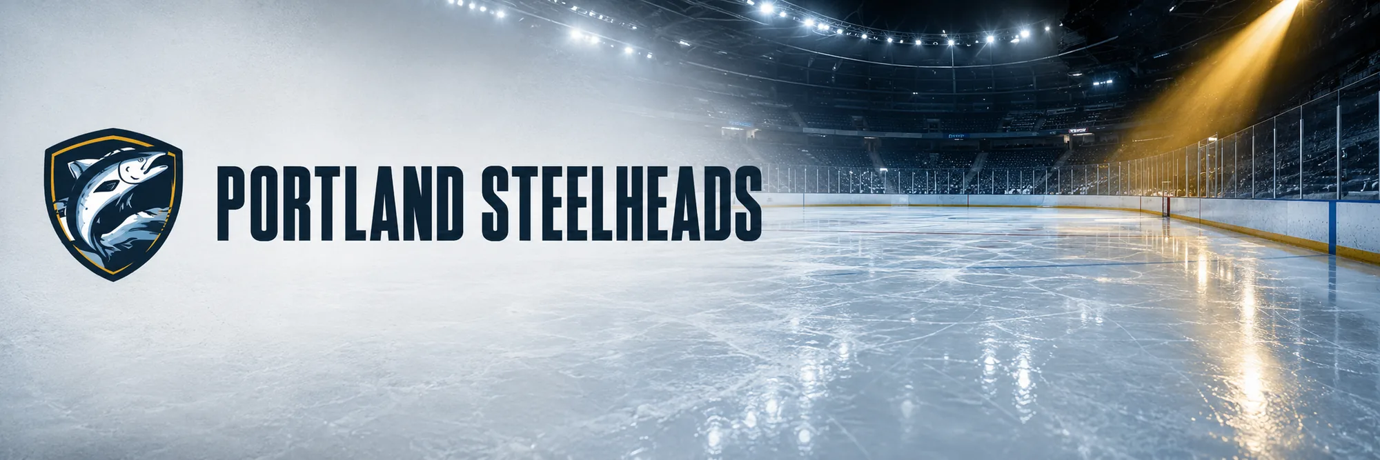 Portland Steelheads — the team crest and series title over bright arena ice, a gold spotlight on the glass.
