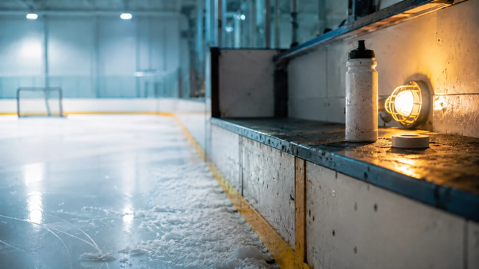 An empty practice rink in morning light — fresh ice, pucks scattered at the near boards.