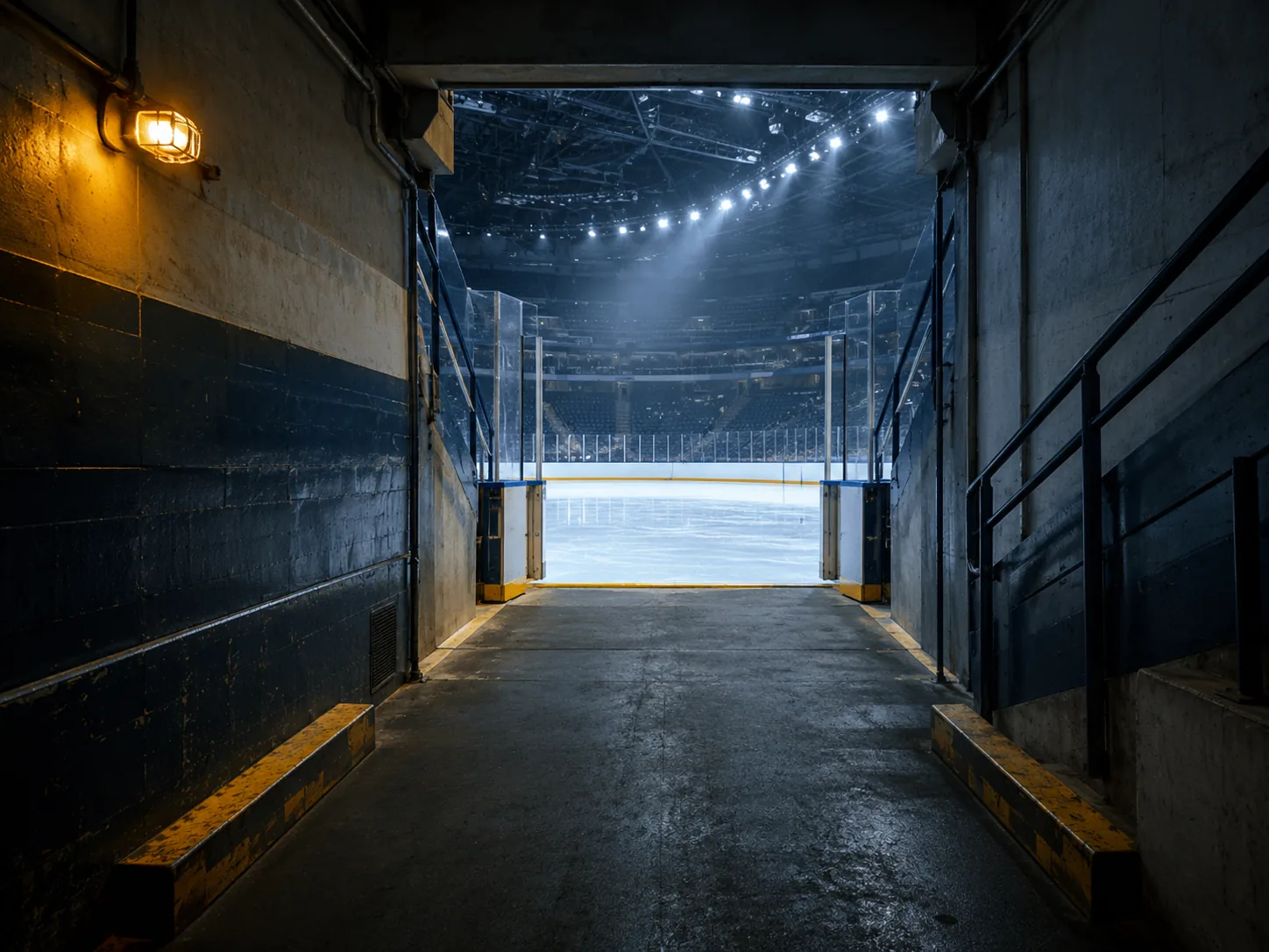An arena tunnel opening onto bright ice, sticks racked along the dark walls.